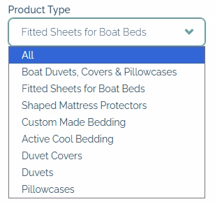 Boat Bedding Product Types including shaped fitted sheets, mattress protectors, duvets and covers.